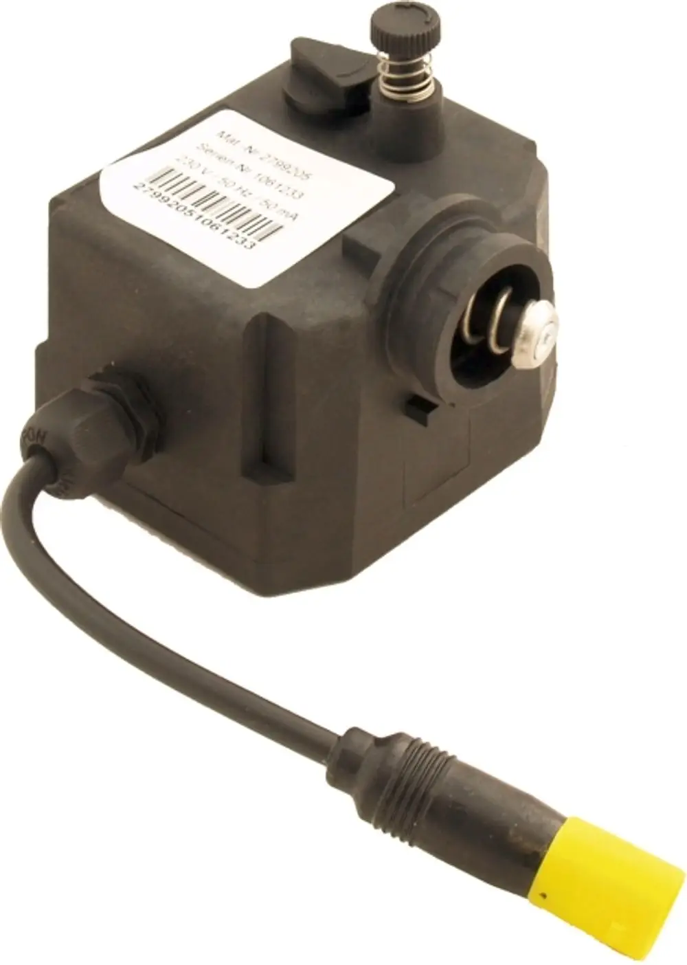 Schwarzes Aktuatorgehäuse mit Anschlusskabel und gelbem Stecker, verwendet für Wolf F. Dreiwegeumschaltventil in Heizsystemen.